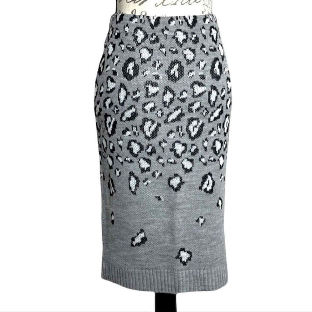 Express Grey Leopard Animal Print Knit Midi Sweater Pencil Skirt L Made in USA